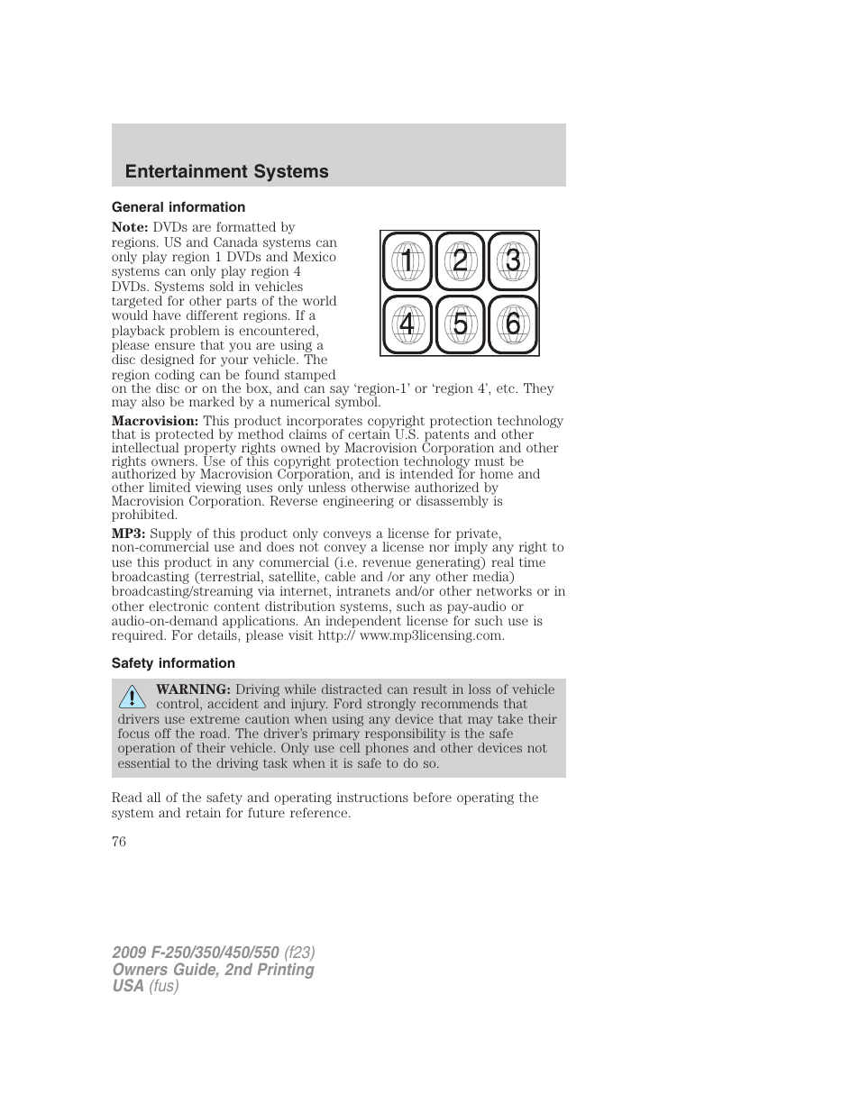 General information, Safety information, Entertainment systems | FORD 2009 F-550 v.2 User Manual | Page 76 / 419