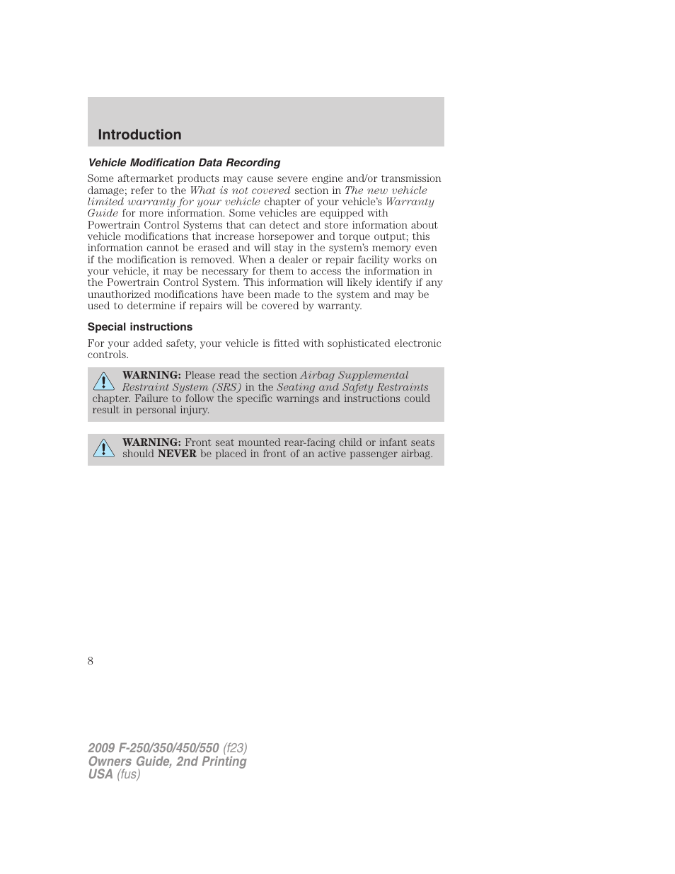 Vehicle modification data recording, Special instructions, Introduction | FORD 2009 F-550 v.2 User Manual | Page 8 / 419