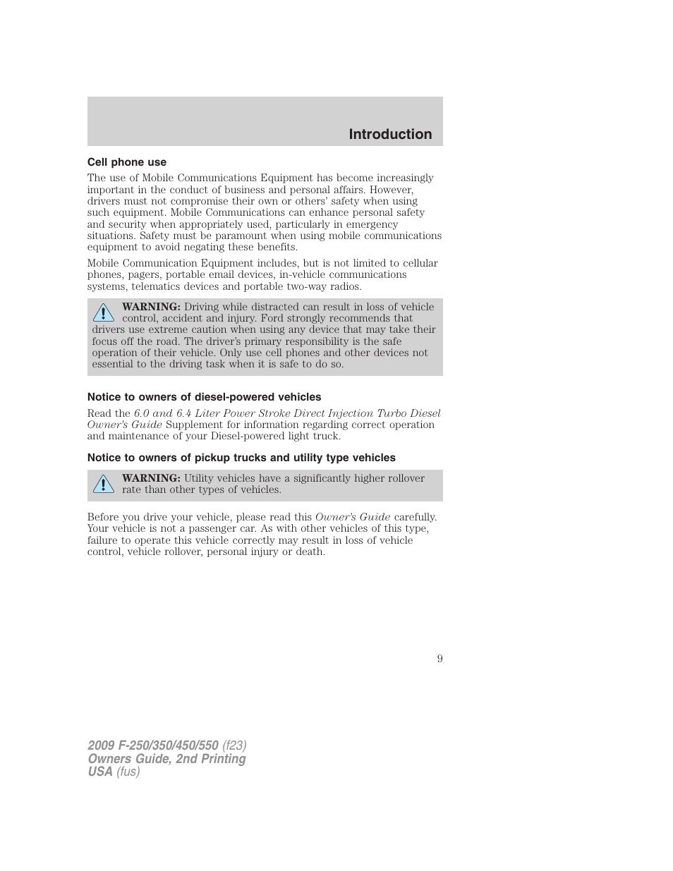 Cell phone use, Notice to owners of diesel-powered vehicles, Introduction | FORD 2009 F-550 v.2 User Manual | Page 9 / 419