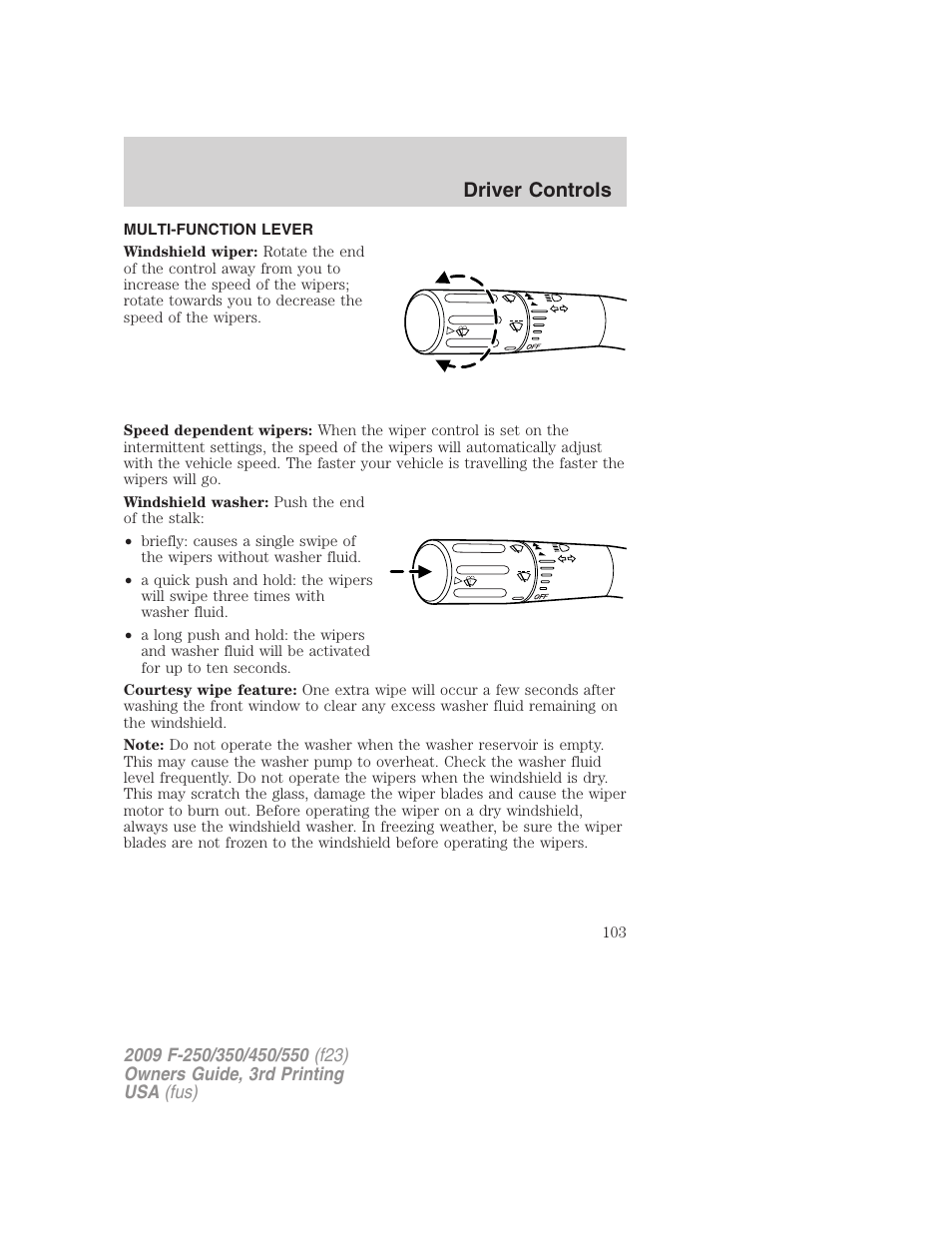 Driver controls, Multi-function lever, Windshield wiper/washer control | FORD 2009 F-550 v.3 User Manual | Page 103 / 419