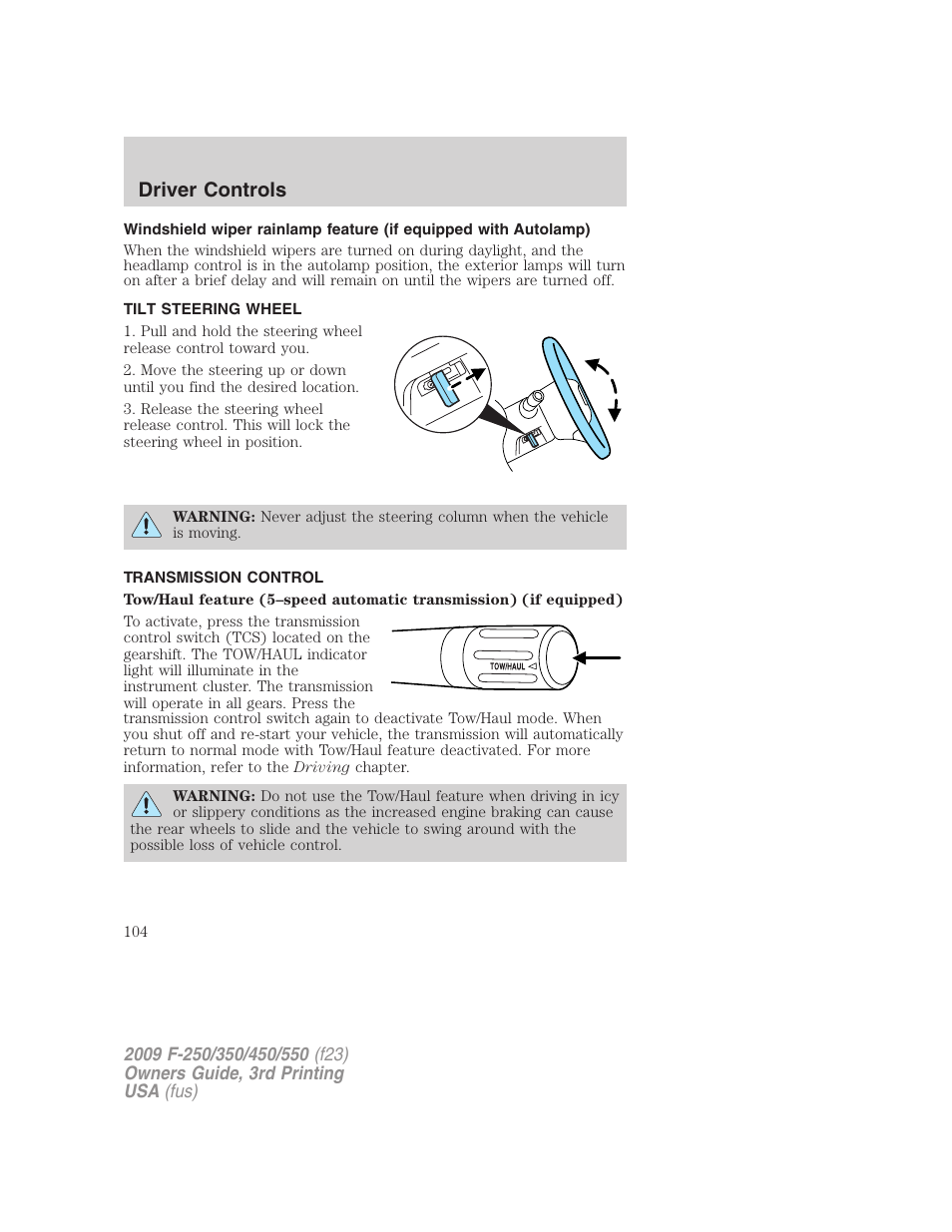 Tilt steering wheel, Transmission control, Steering wheel adjustment | Driver controls | FORD 2009 F-550 v.3 User Manual | Page 104 / 419