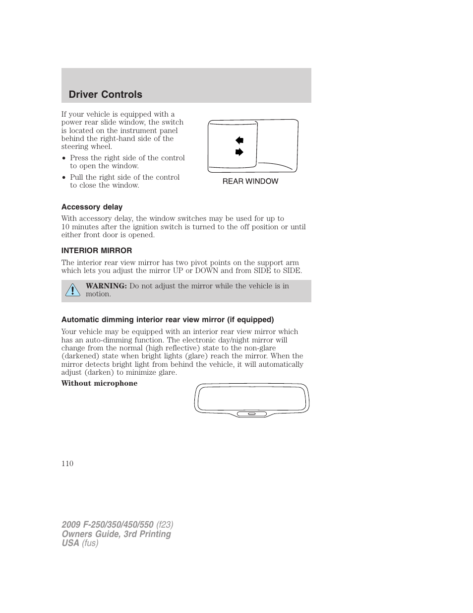 Accessory delay, Interior mirror, Mirrors | Driver controls | FORD 2009 F-550 v.3 User Manual | Page 110 / 419