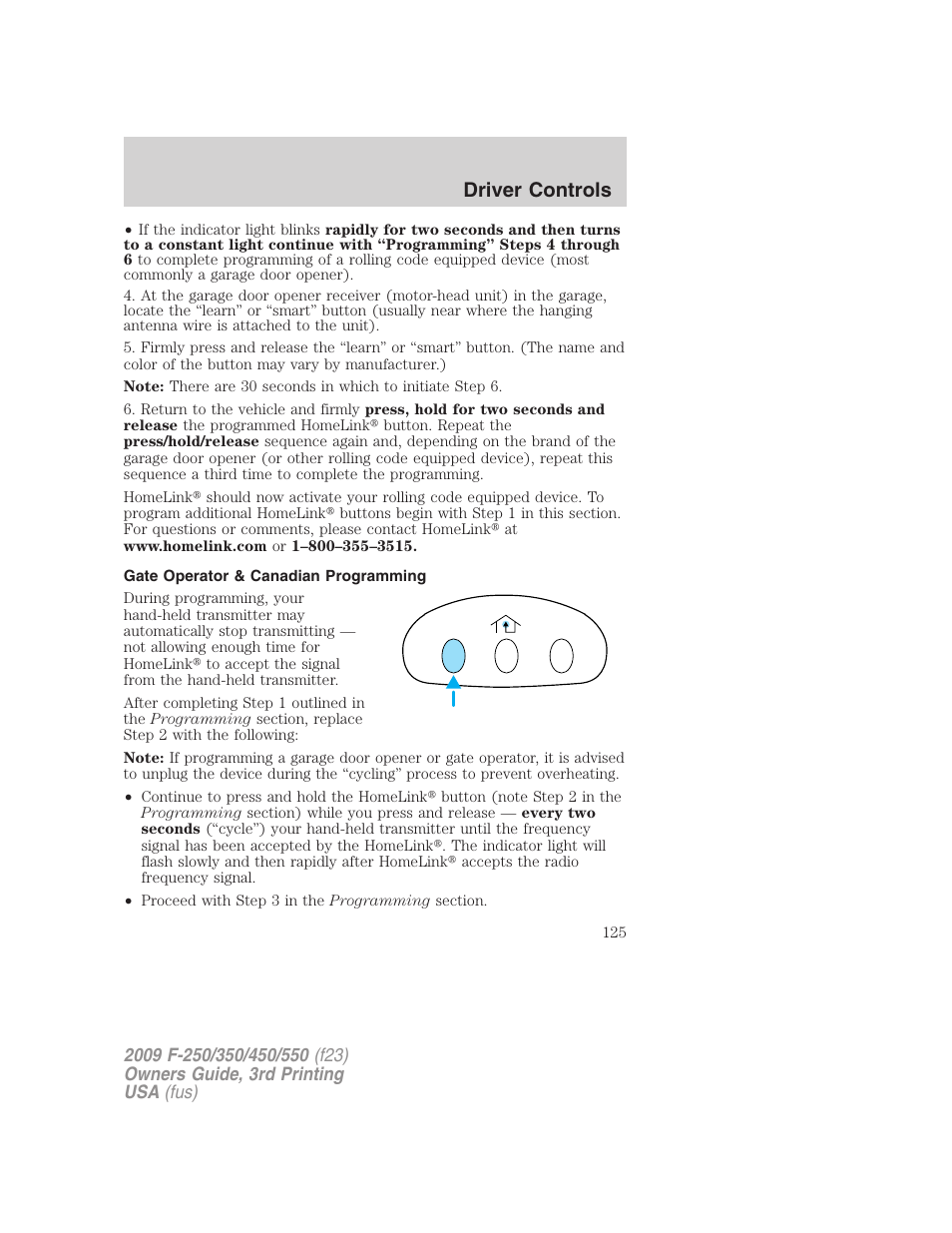 Gate operator & canadian programming, Driver controls | FORD 2009 F-550 v.3 User Manual | Page 125 / 419