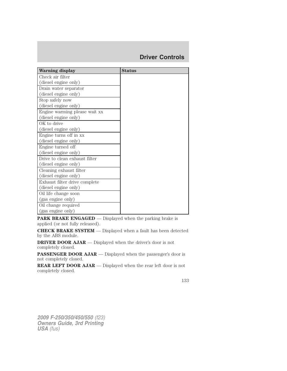 Driver controls | FORD 2009 F-550 v.3 User Manual | Page 133 / 419
