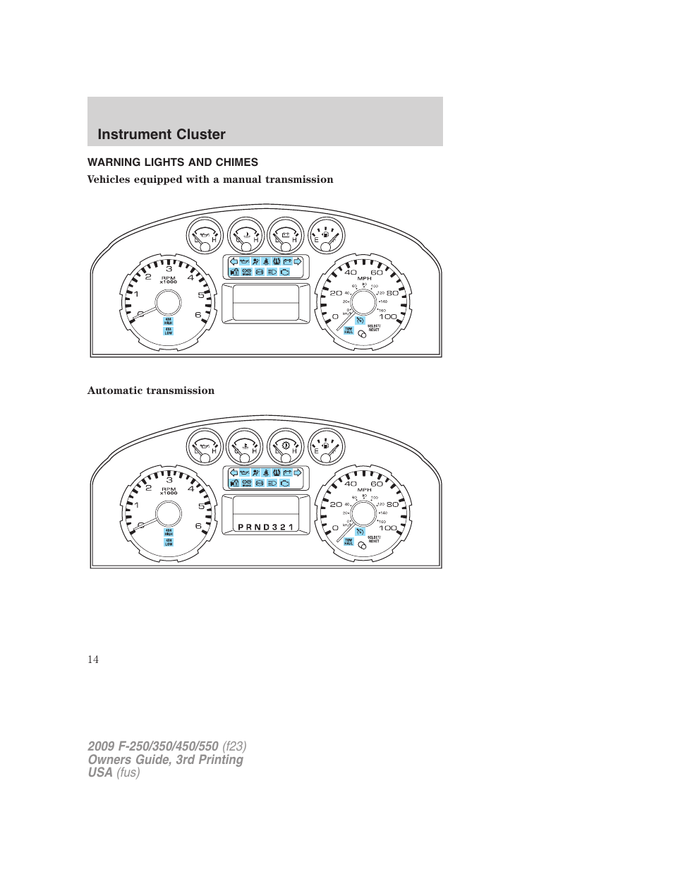 Instrument cluster, Warning lights and chimes | FORD 2009 F-550 v.3 User Manual | Page 14 / 419