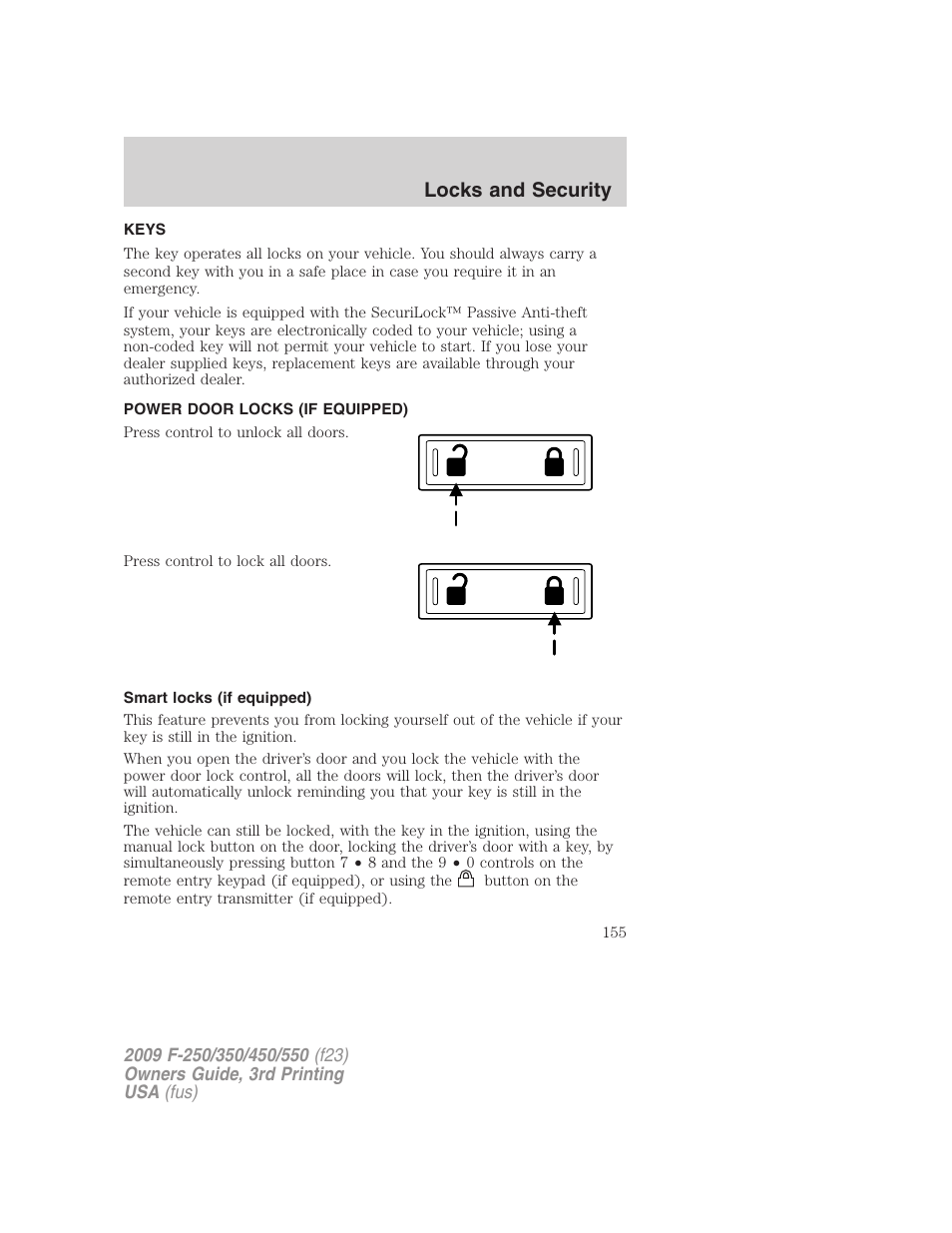 Locks and security, Keys, Power door locks (if equipped) | Smart locks (if equipped), Locks | FORD 2009 F-550 v.3 User Manual | Page 155 / 419