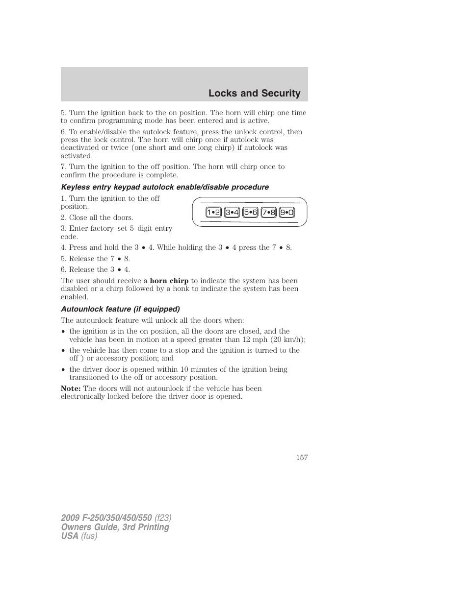 Autounlock feature (if equipped), Locks and security | FORD 2009 F-550 v.3 User Manual | Page 157 / 419