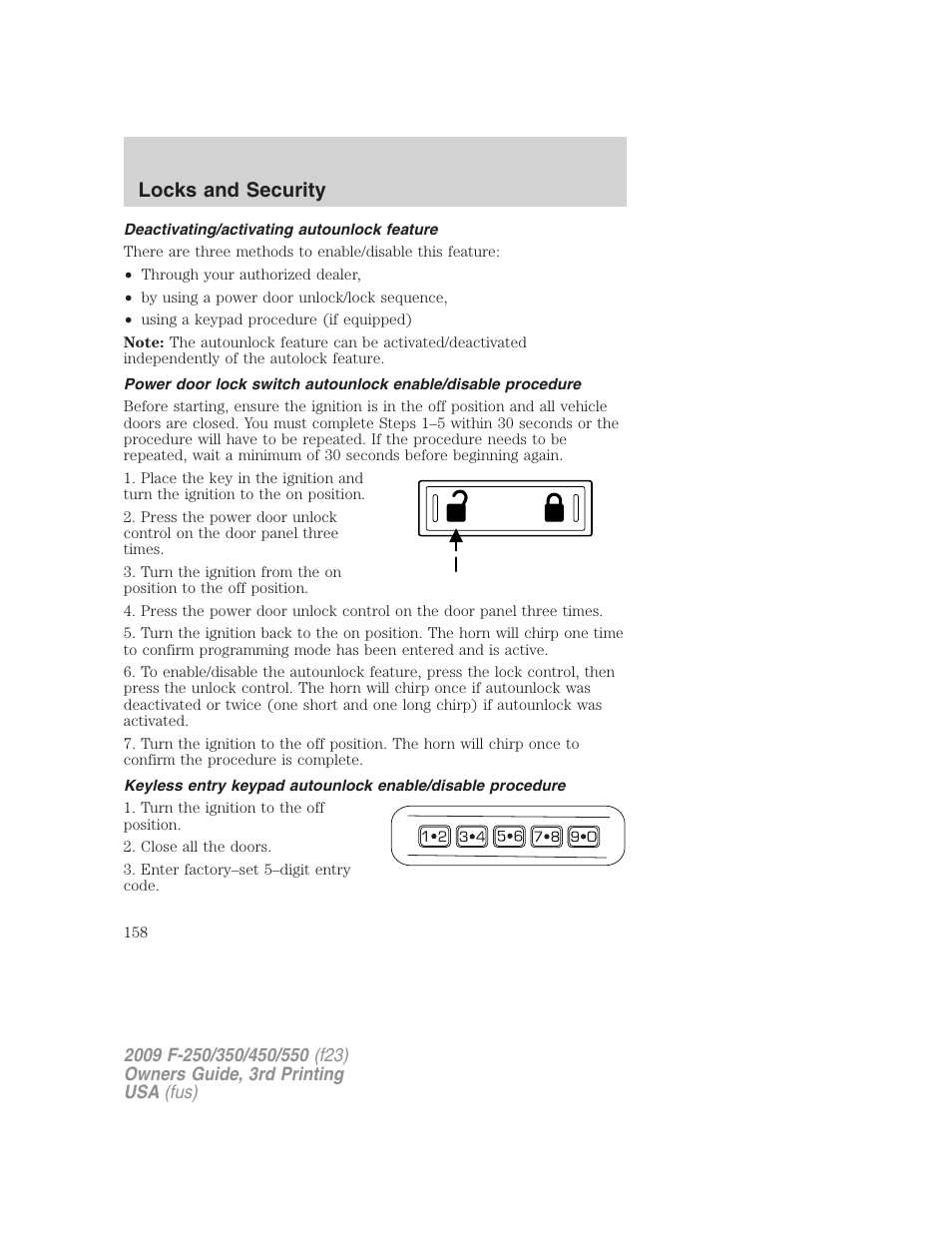 Deactivating/activating autounlock feature, Locks and security | FORD 2009 F-550 v.3 User Manual | Page 158 / 419