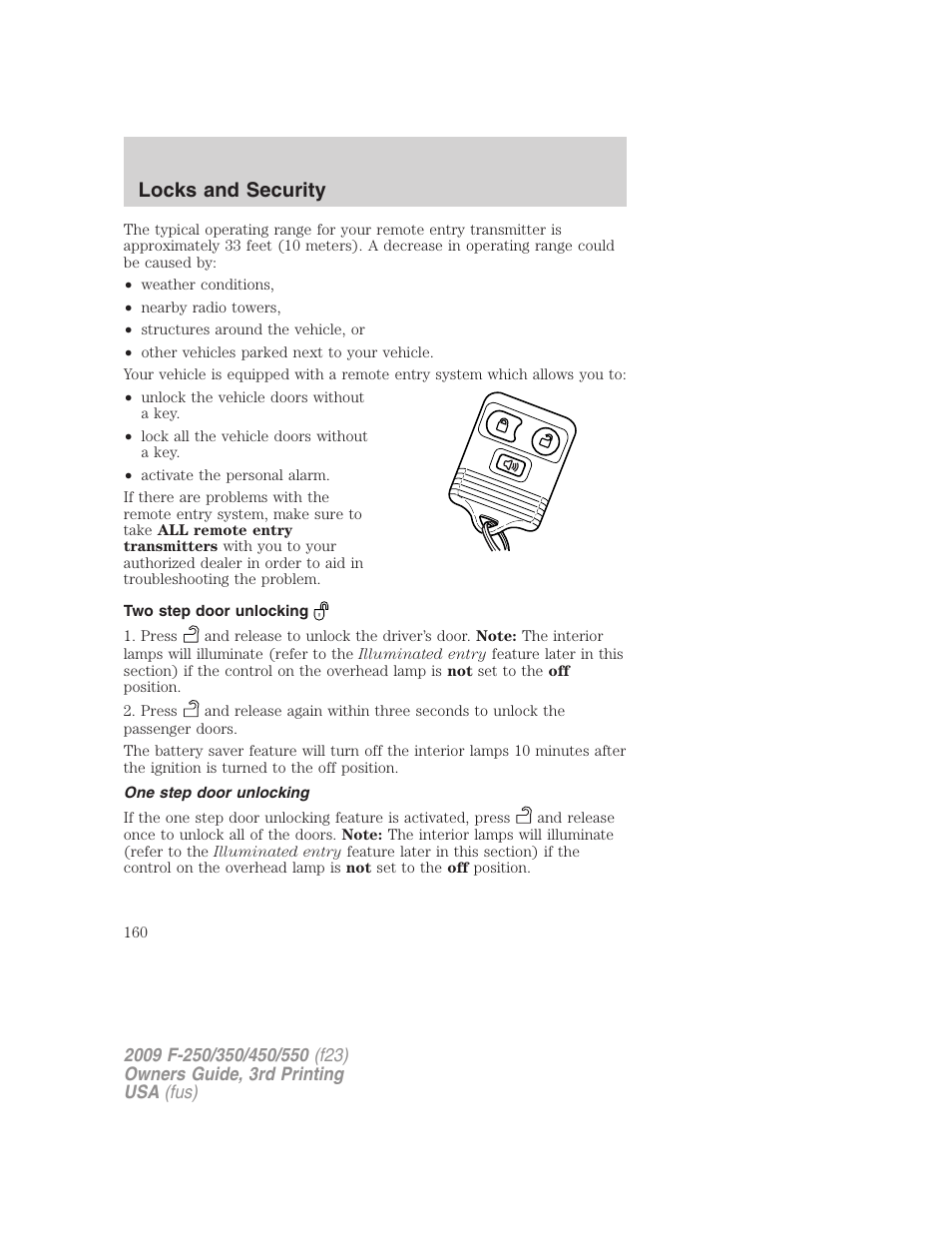 Two step door unlocking, One step door unlocking, Locks and security | FORD 2009 F-550 v.3 User Manual | Page 160 / 419