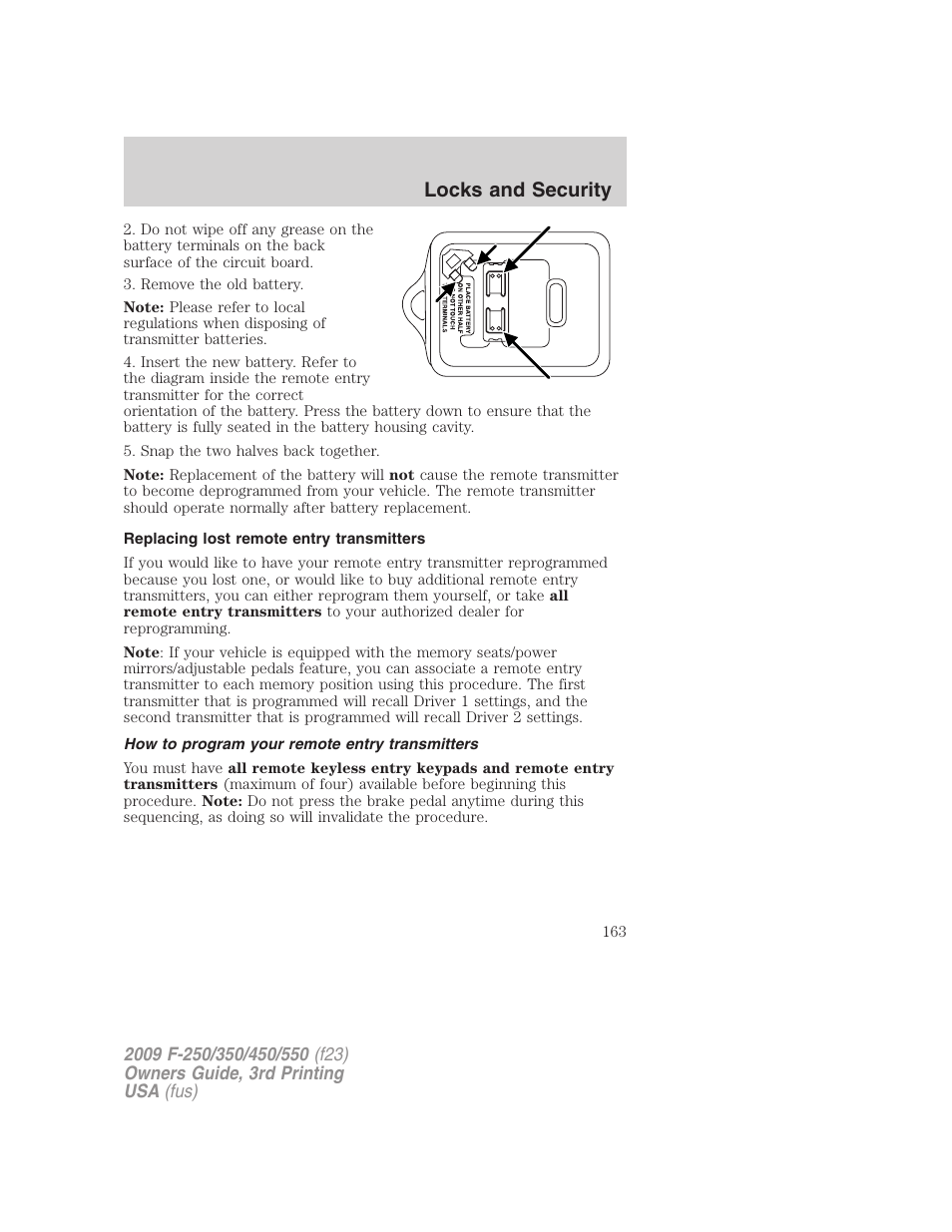 Replacing lost remote entry transmitters, How to program your remote entry transmitters, Locks and security | FORD 2009 F-550 v.3 User Manual | Page 163 / 419