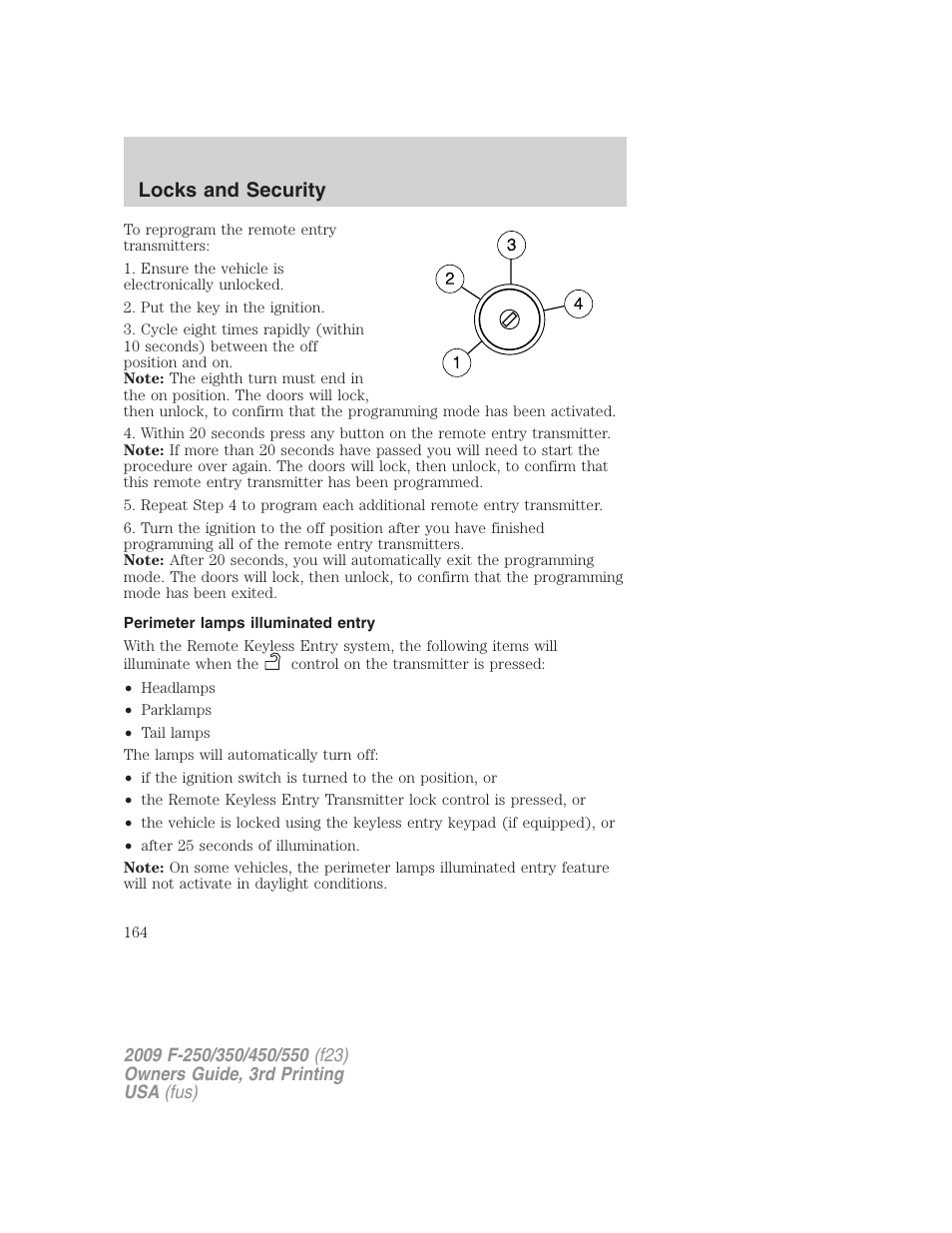 Perimeter lamps illuminated entry, Locks and security | FORD 2009 F-550 v.3 User Manual | Page 164 / 419