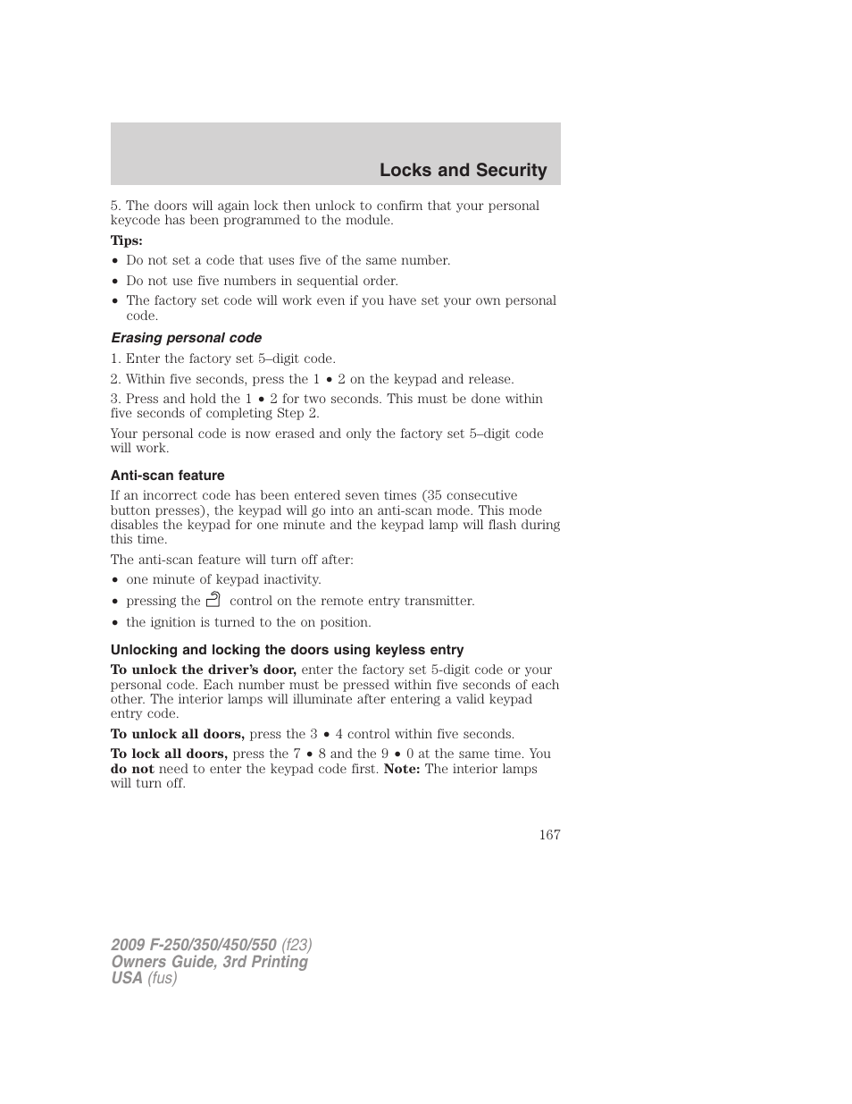 Erasing personal code, Anti-scan feature, Locks and security | FORD 2009 F-550 v.3 User Manual | Page 167 / 419