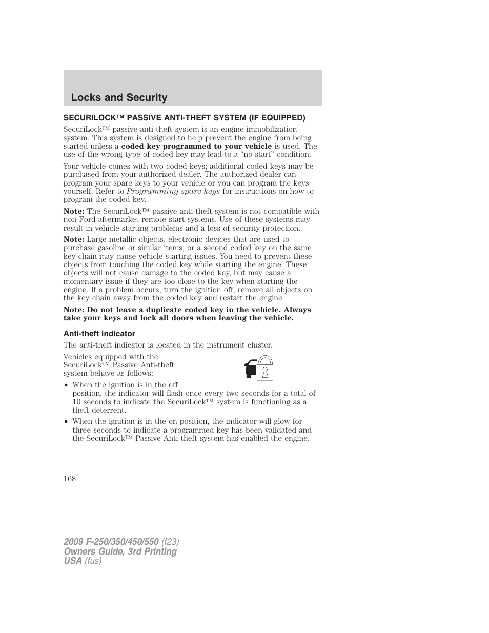 Anti-theft indicator, Anti-theft system, Locks and security | FORD 2009 F-550 v.3 User Manual | Page 168 / 419