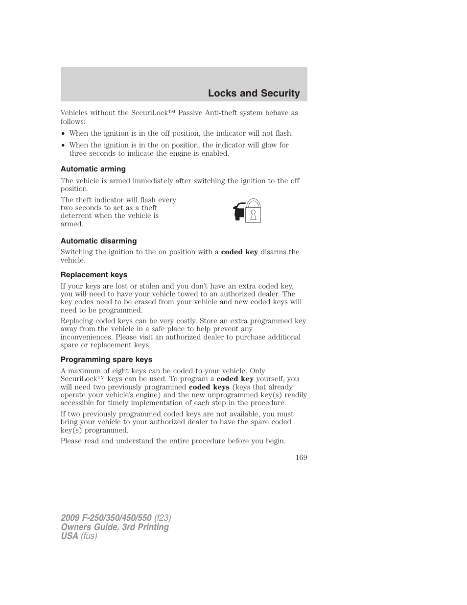 Automatic arming, Automatic disarming, Replacement keys | Programming spare keys, Locks and security | FORD 2009 F-550 v.3 User Manual | Page 169 / 419