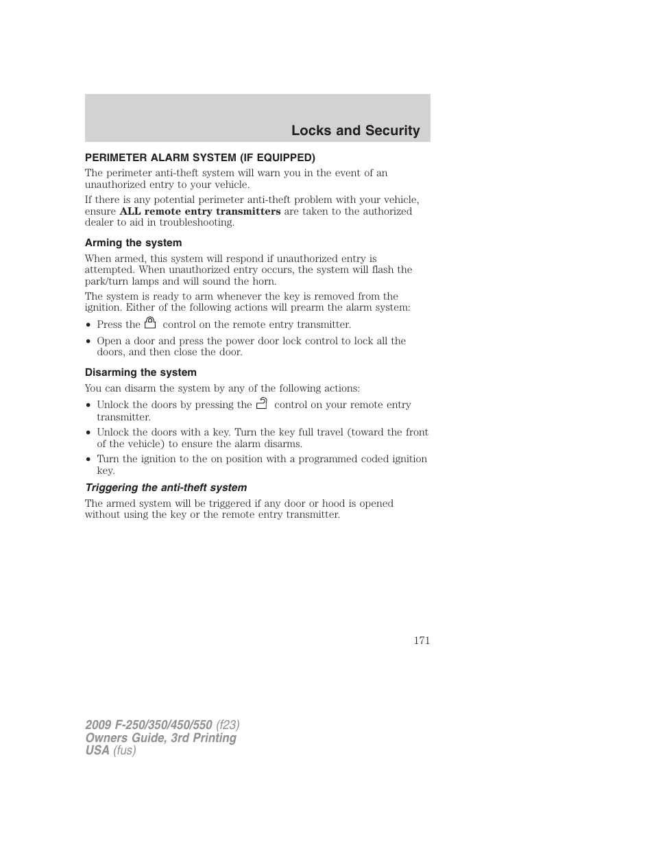 Perimeter alarm system (if equipped), Arming the system, Disarming the system | Triggering the anti-theft system, Locks and security | FORD 2009 F-550 v.3 User Manual | Page 171 / 419