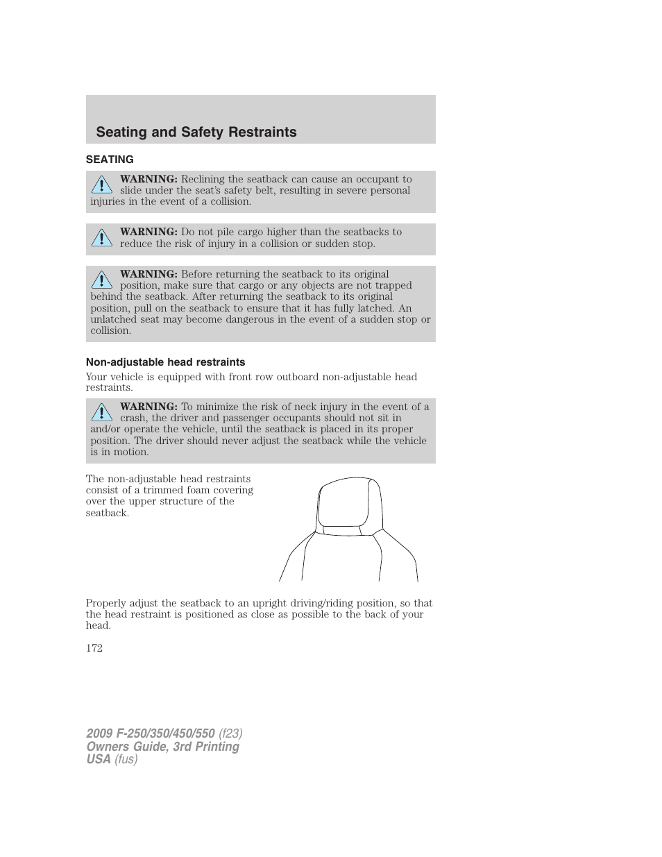 Seating and safety restraints, Seating, Non-adjustable head restraints | FORD 2009 F-550 v.3 User Manual | Page 172 / 419