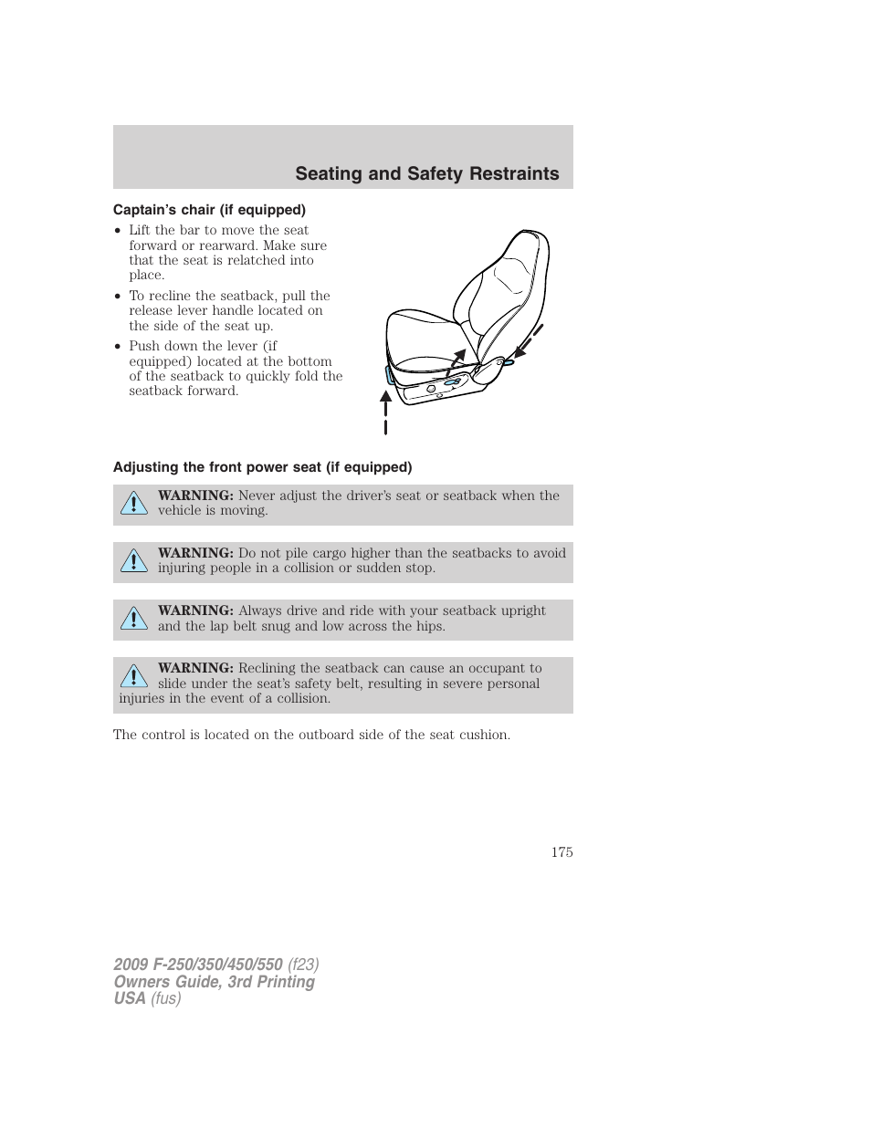 Captain’s chair (if equipped), Adjusting the front power seat (if equipped), Seating and safety restraints | FORD 2009 F-550 v.3 User Manual | Page 175 / 419