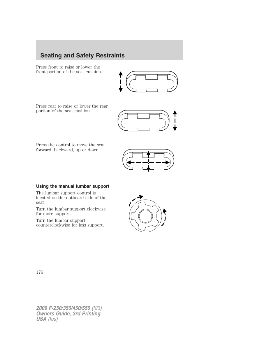 Using the manual lumbar support, Seating and safety restraints | FORD 2009 F-550 v.3 User Manual | Page 176 / 419