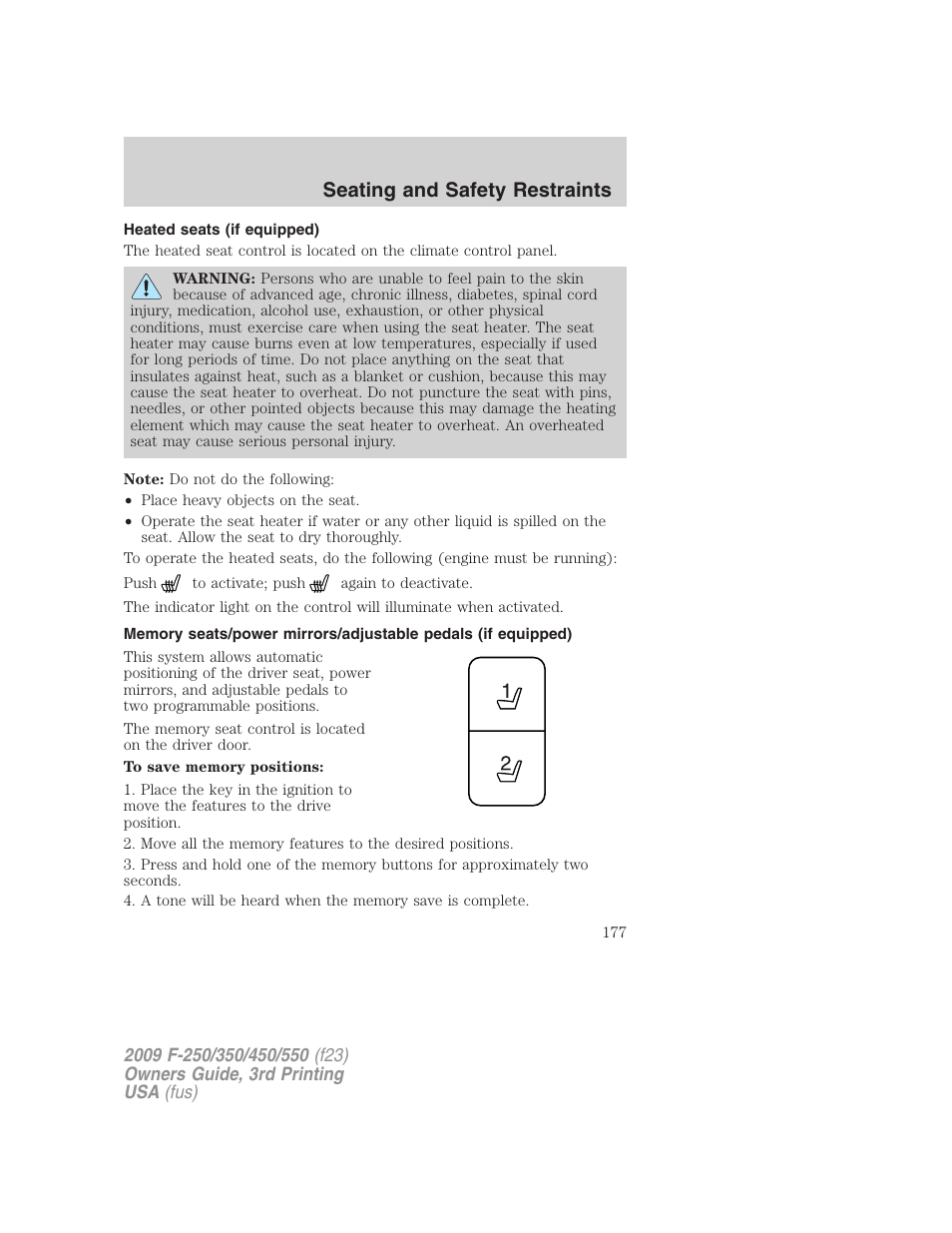 Heated seats (if equipped), Seating and safety restraints | FORD 2009 F-550 v.3 User Manual | Page 177 / 419