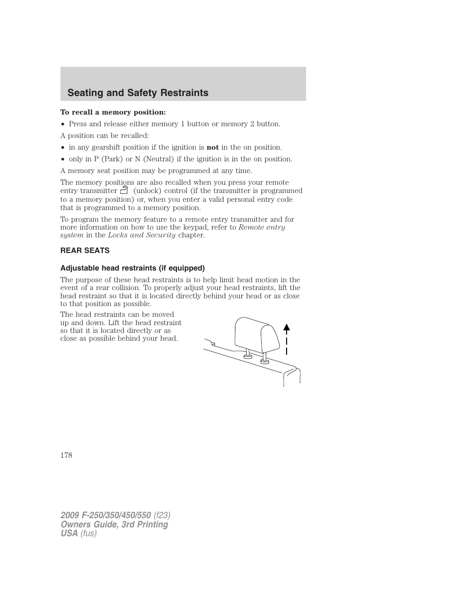 Rear seats, Adjustable head restraints (if equipped), Seating and safety restraints | FORD 2009 F-550 v.3 User Manual | Page 178 / 419