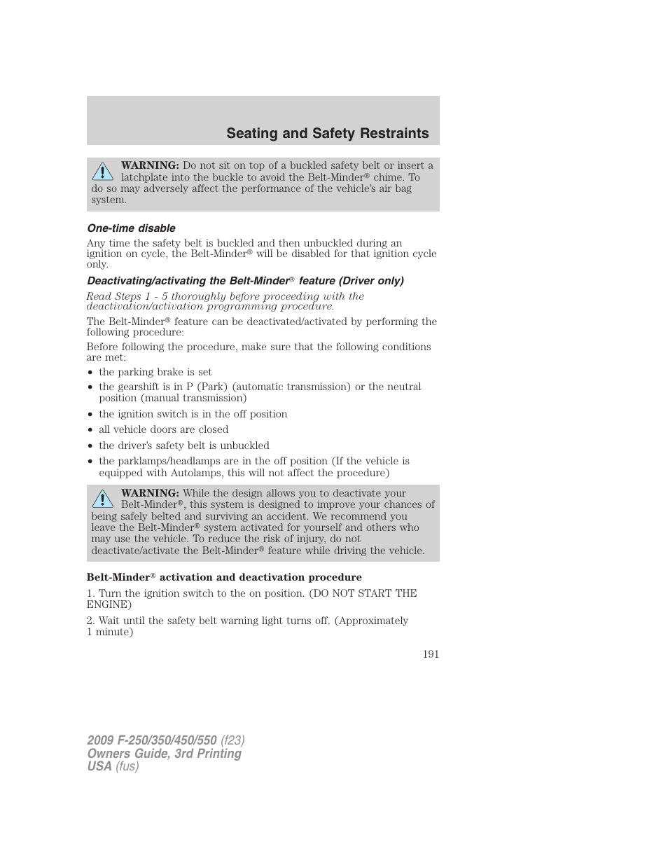 One-time disable, Seating and safety restraints | FORD 2009 F-550 v.3 User Manual | Page 191 / 419