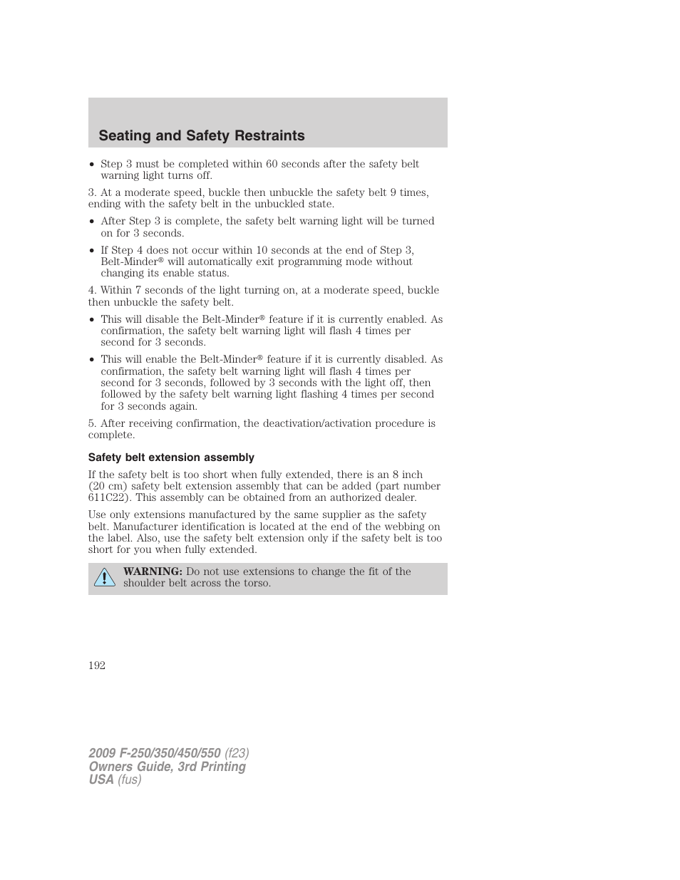 Safety belt extension assembly, Seating and safety restraints | FORD 2009 F-550 v.3 User Manual | Page 192 / 419