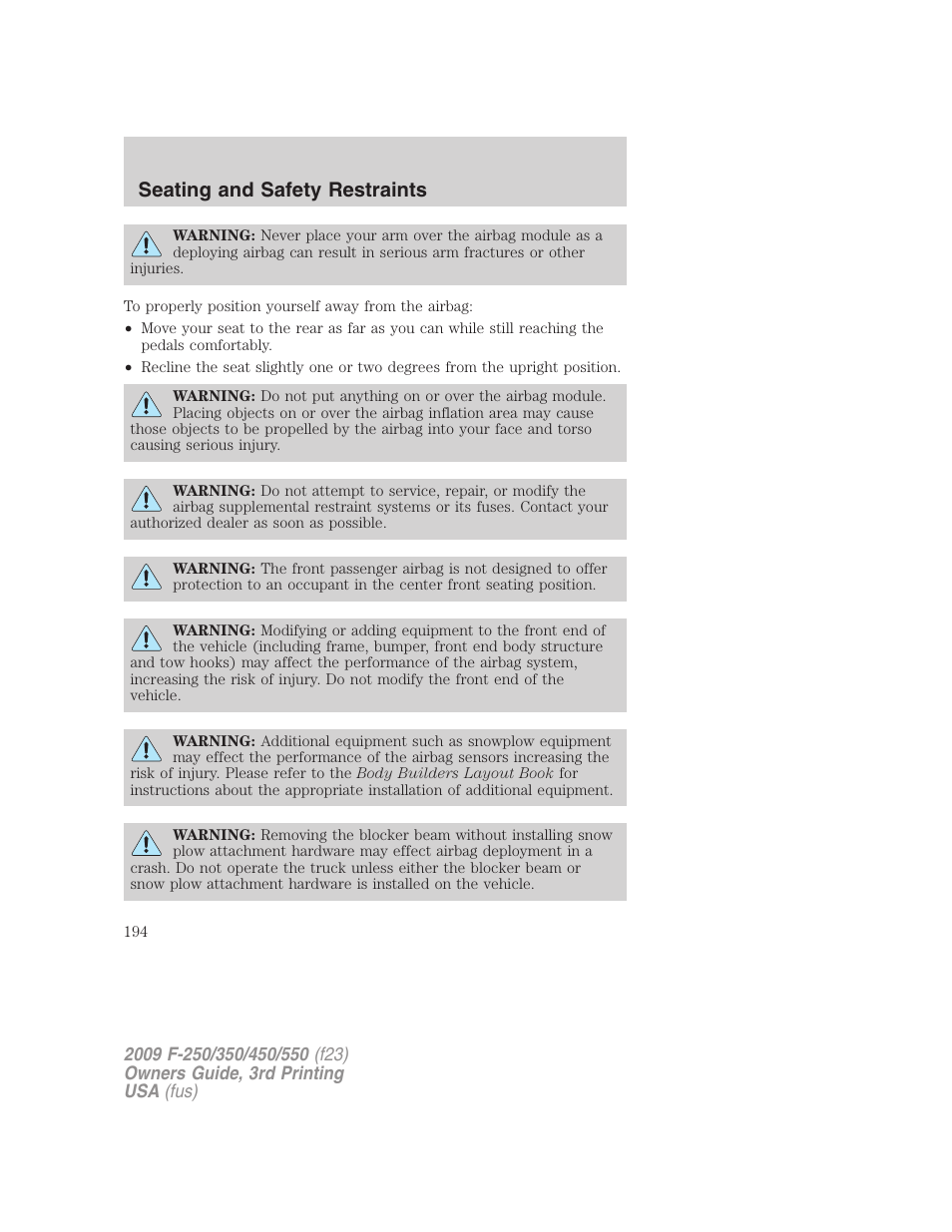 Seating and safety restraints | FORD 2009 F-550 v.3 User Manual | Page 194 / 419