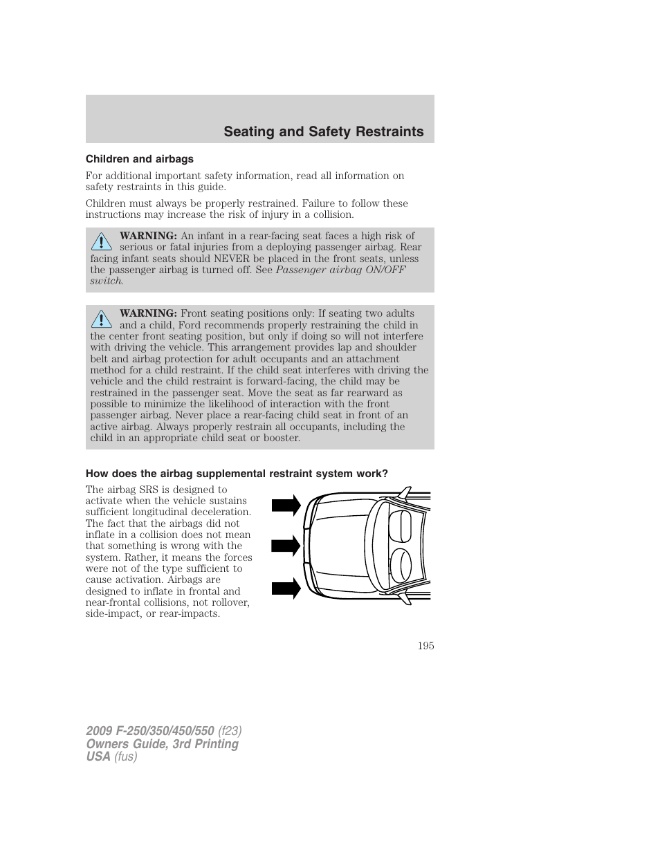 Children and airbags, Seating and safety restraints | FORD 2009 F-550 v.3 User Manual | Page 195 / 419