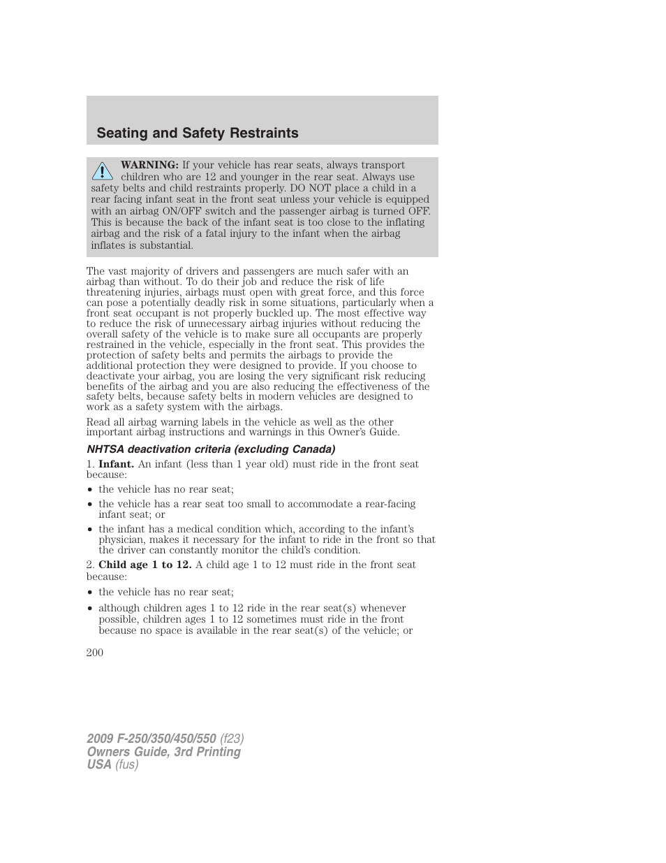 Nhtsa deactivation criteria (excluding canada), Seating and safety restraints | FORD 2009 F-550 v.3 User Manual | Page 200 / 419