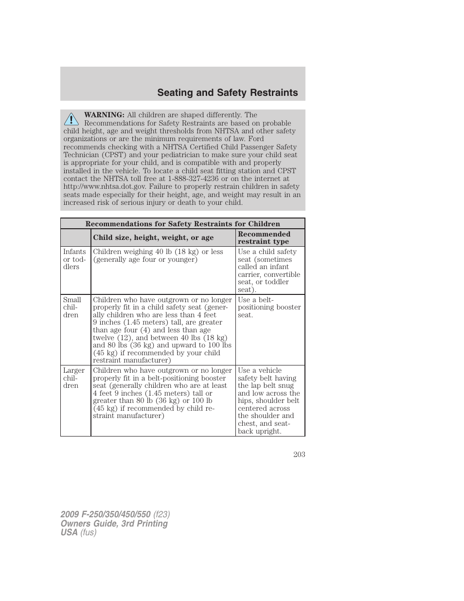Seating and safety restraints | FORD 2009 F-550 v.3 User Manual | Page 203 / 419