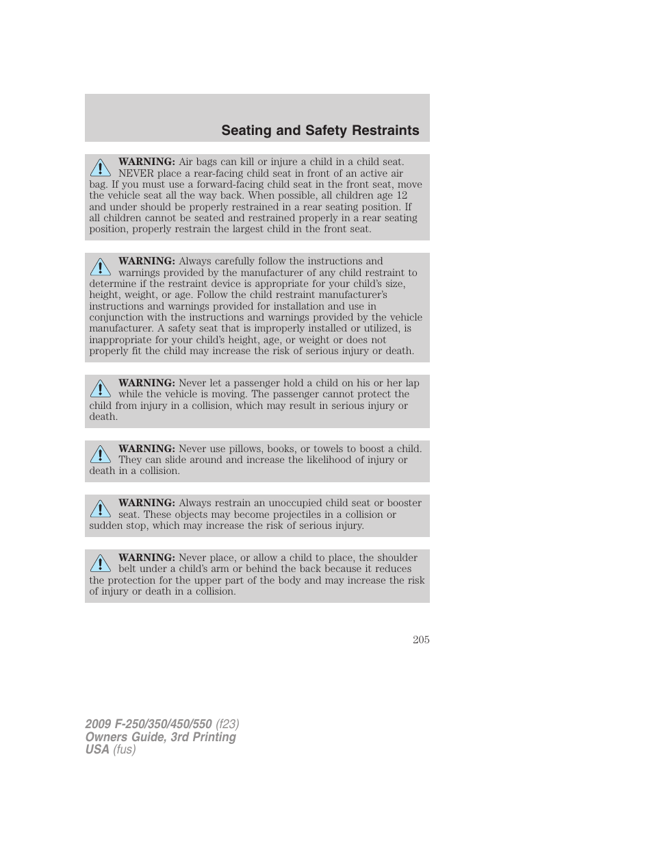 Seating and safety restraints | FORD 2009 F-550 v.3 User Manual | Page 205 / 419