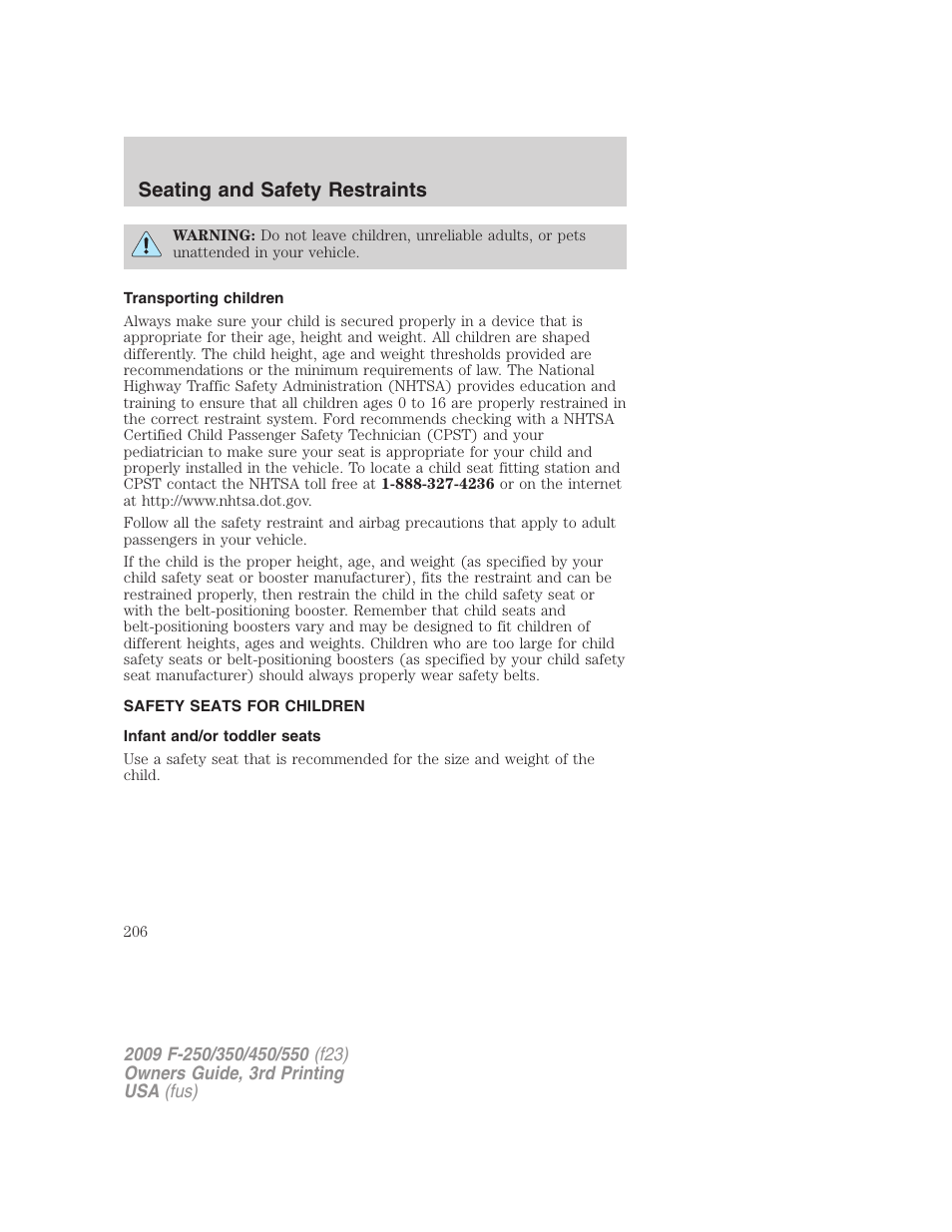 Transporting children, Safety seats for children, Infant and/or toddler seats | Seating and safety restraints | FORD 2009 F-550 v.3 User Manual | Page 206 / 419