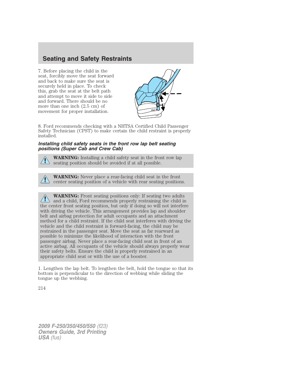 Seating and safety restraints | FORD 2009 F-550 v.3 User Manual | Page 214 / 419