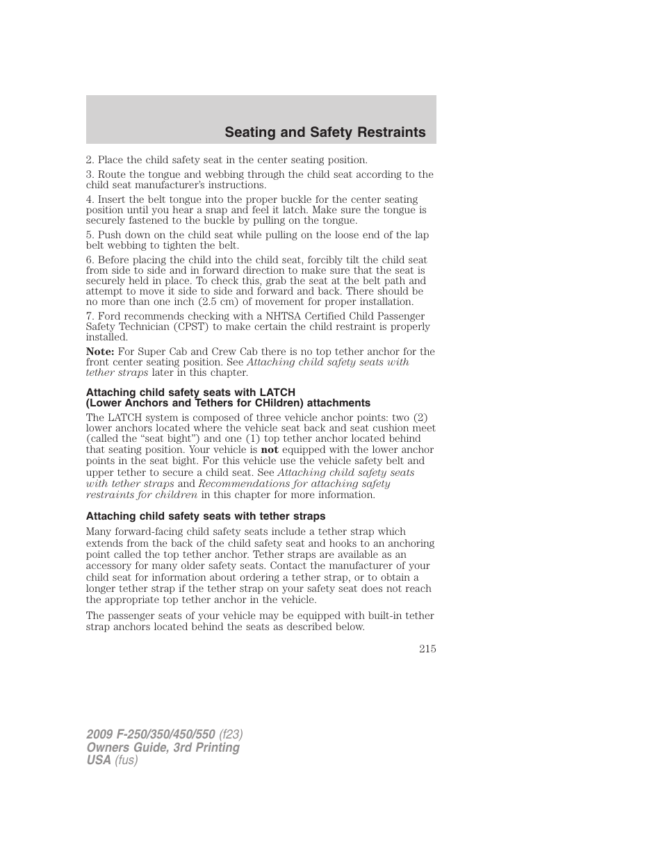 Attaching child safety seats with tether straps, Seating and safety restraints | FORD 2009 F-550 v.3 User Manual | Page 215 / 419