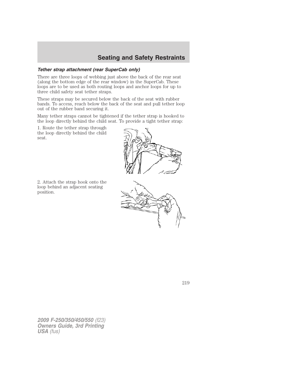 Tether strap attachment (rear supercab only), Seating and safety restraints | FORD 2009 F-550 v.3 User Manual | Page 219 / 419