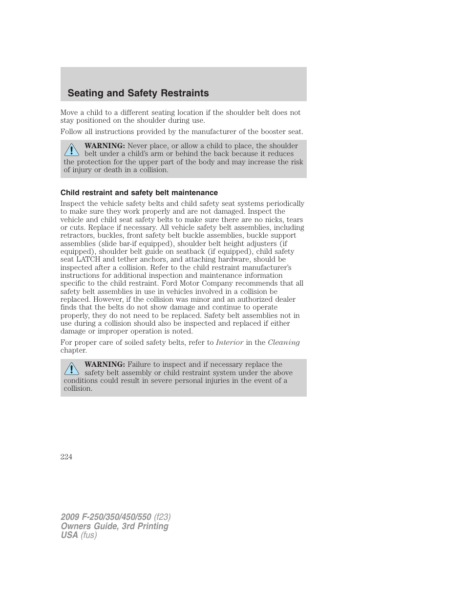 Child restraint and safety belt maintenance, Seating and safety restraints | FORD 2009 F-550 v.3 User Manual | Page 224 / 419