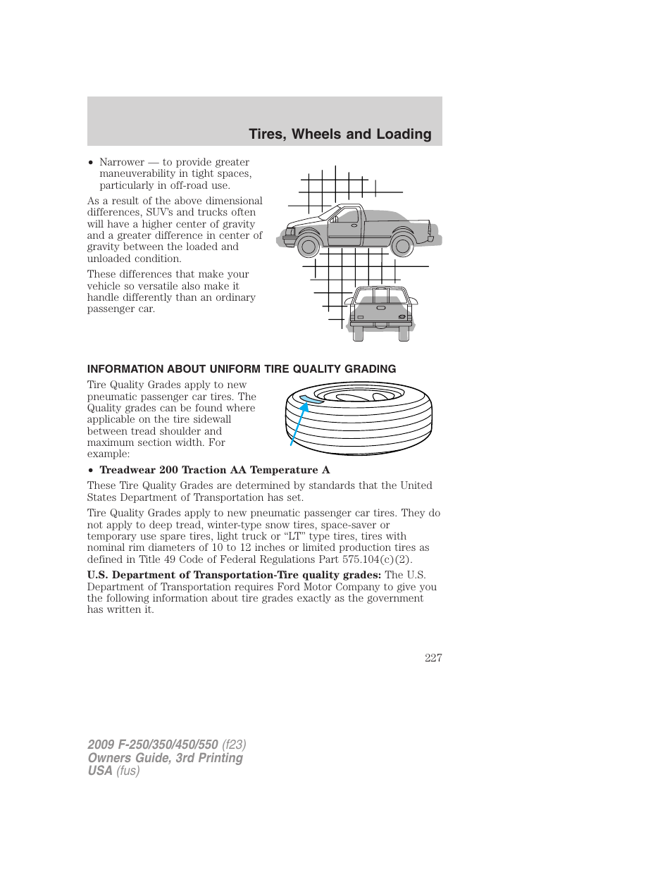 Information about uniform tire quality grading, Tire information, Tires, wheels and loading | FORD 2009 F-550 v.3 User Manual | Page 227 / 419