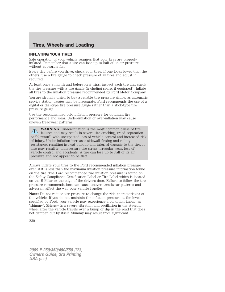 Inflating your tires, Tire inflation, Tires, wheels and loading | FORD 2009 F-550 v.3 User Manual | Page 230 / 419