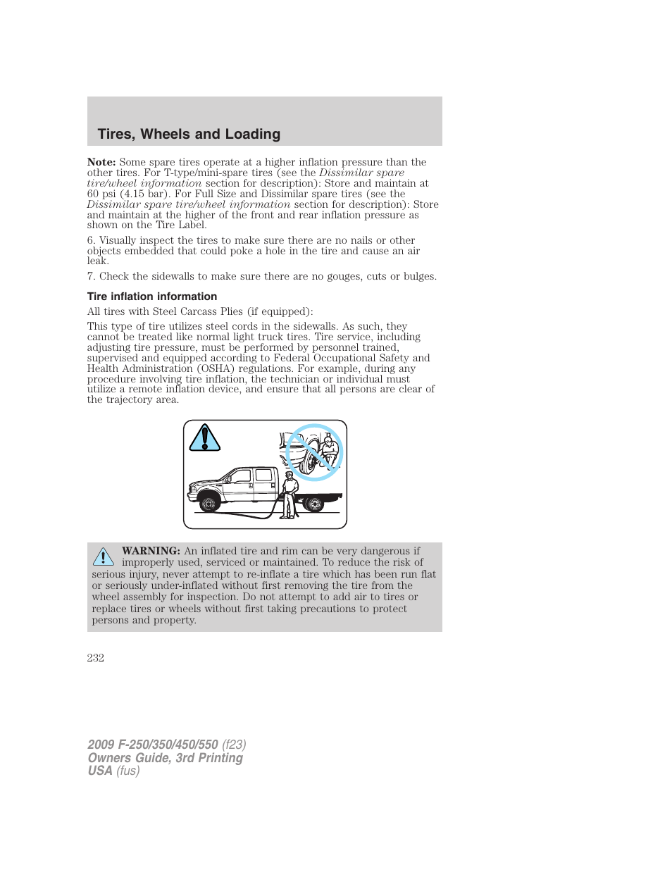 Tire inflation information, Tires, wheels and loading | FORD 2009 F-550 v.3 User Manual | Page 232 / 419
