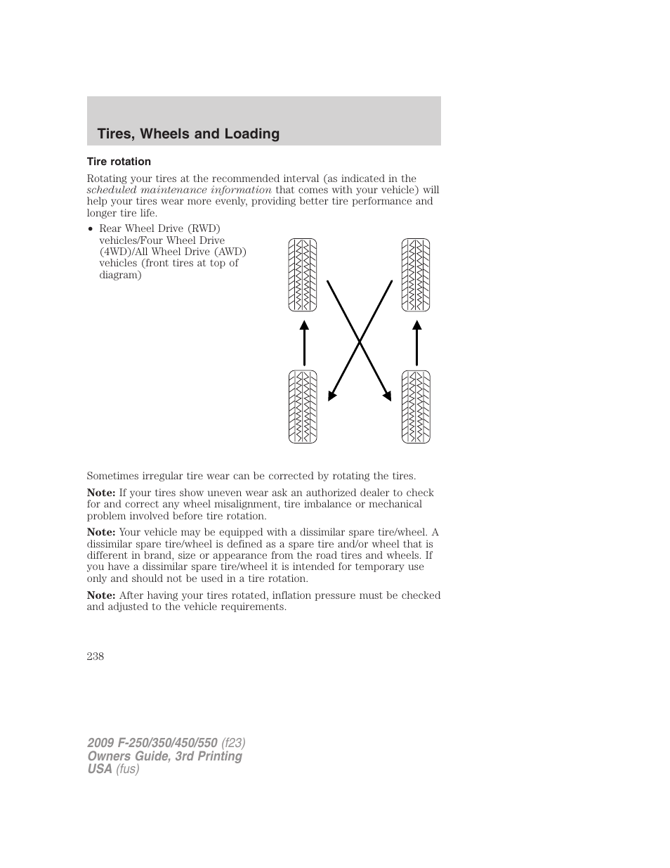 Tire rotation, Tires, wheels and loading | FORD 2009 F-550 v.3 User Manual | Page 238 / 419