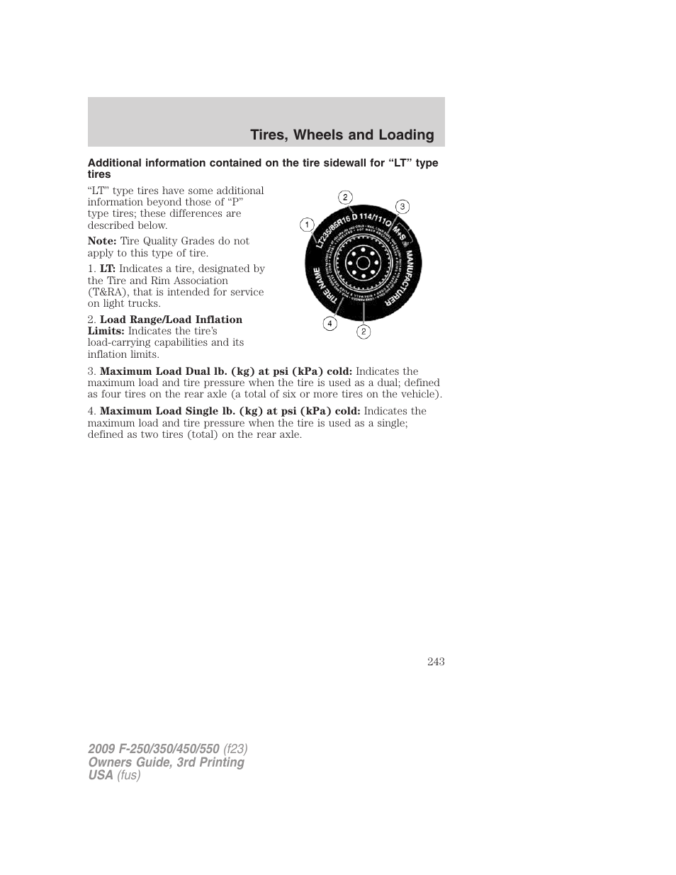 Tires, wheels and loading | FORD 2009 F-550 v.3 User Manual | Page 243 / 419