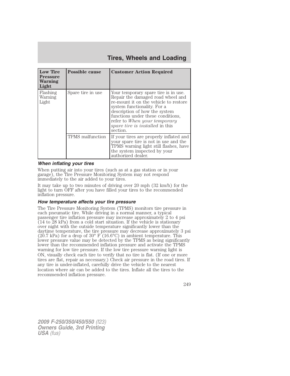 When inflating your tires, How temperature affects your tire pressure, Tires, wheels and loading | FORD 2009 F-550 v.3 User Manual | Page 249 / 419