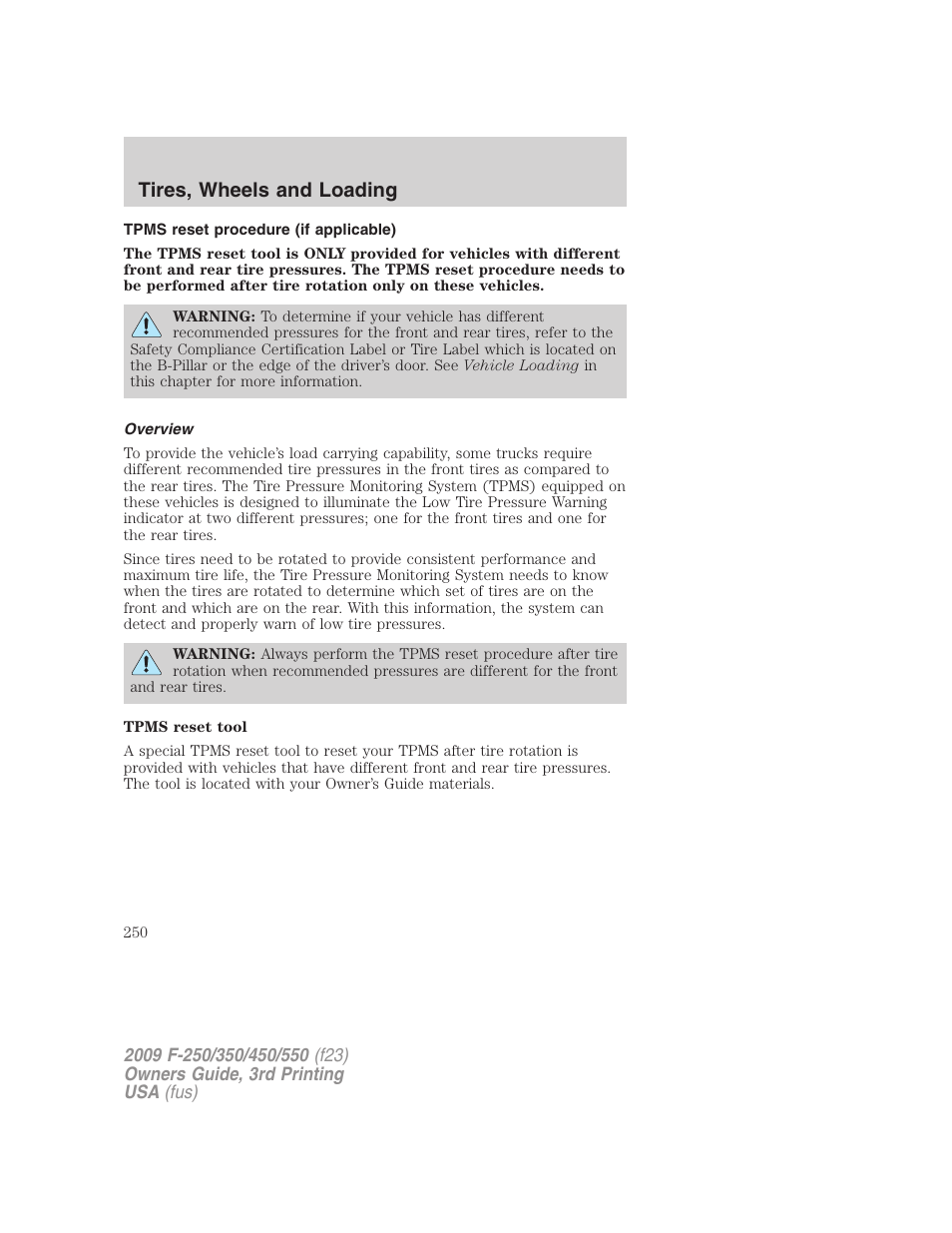 Tpms reset procedure (if applicable), Overview, Tires, wheels and loading | FORD 2009 F-550 v.3 User Manual | Page 250 / 419
