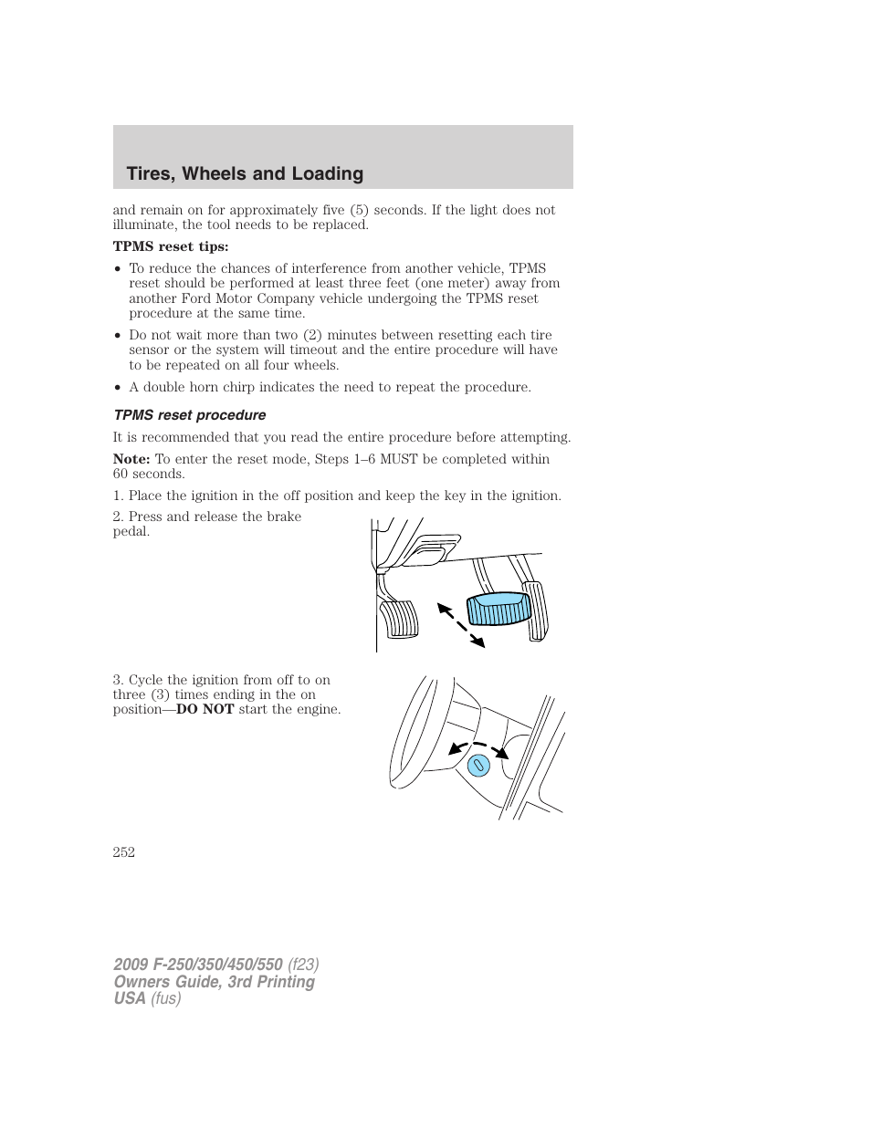 Tpms reset procedure, Tires, wheels and loading | FORD 2009 F-550 v.3 User Manual | Page 252 / 419