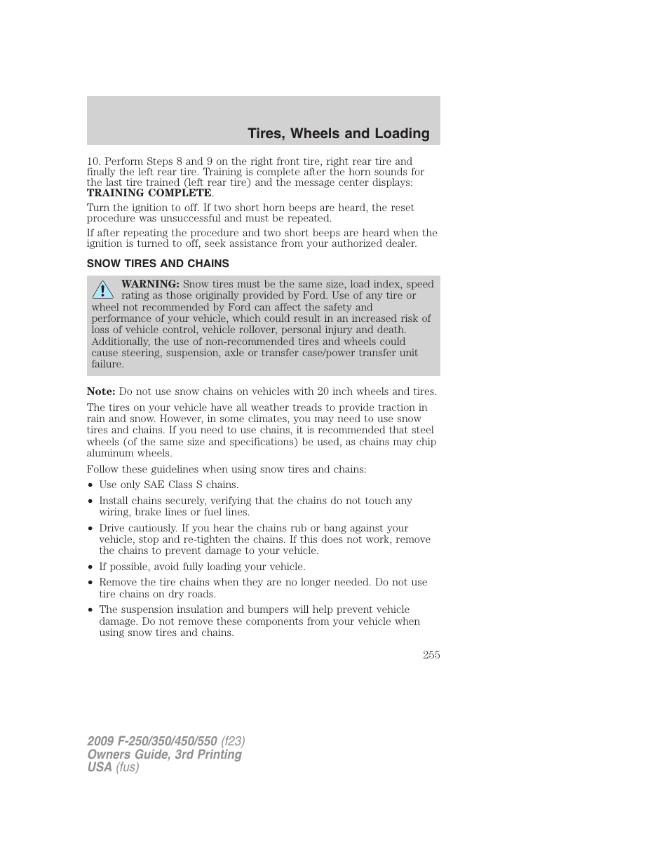 Snow tires and chains, Tires, wheels and loading | FORD 2009 F-550 v.3 User Manual | Page 255 / 419