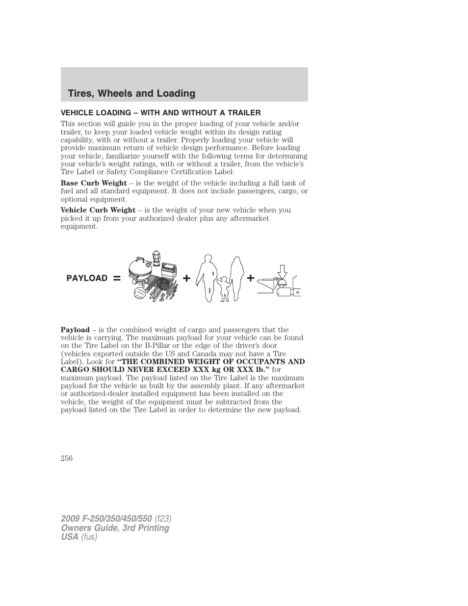 Vehicle loading – with and without a trailer, Vehicle loading, Tires, wheels and loading | FORD 2009 F-550 v.3 User Manual | Page 256 / 419