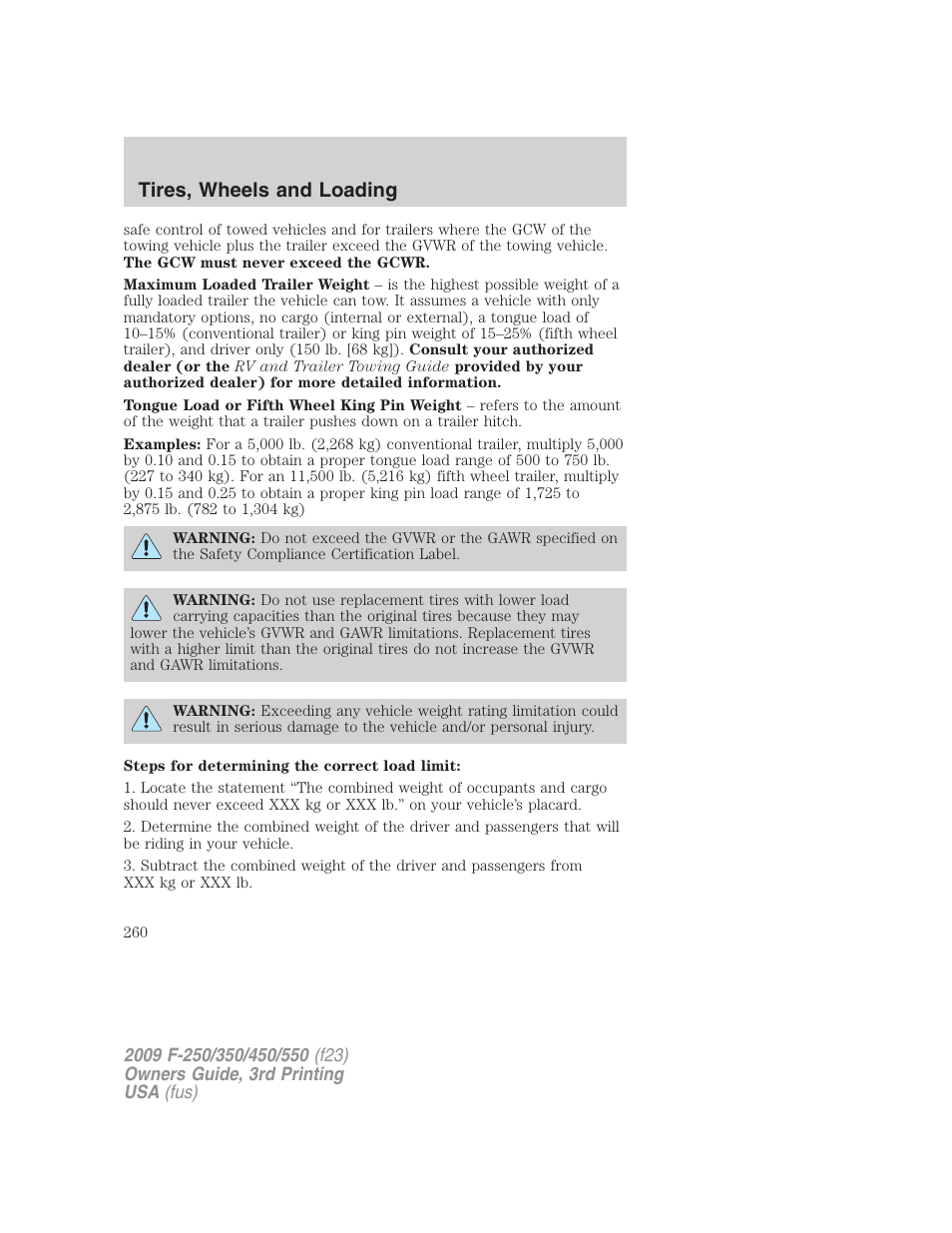 Tires, wheels and loading | FORD 2009 F-550 v.3 User Manual | Page 260 / 419