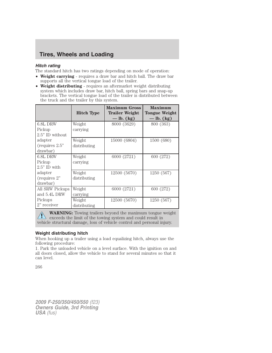 Hitch rating, Weight distributing hitch, Tires, wheels and loading | FORD 2009 F-550 v.3 User Manual | Page 266 / 419