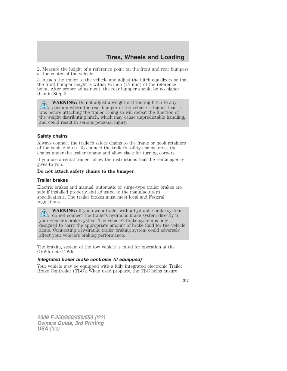 Safety chains, Trailer brakes, Integrated trailer brake controller (if equipped) | Trailer brake controller-integrated, Tires, wheels and loading | FORD 2009 F-550 v.3 User Manual | Page 267 / 419