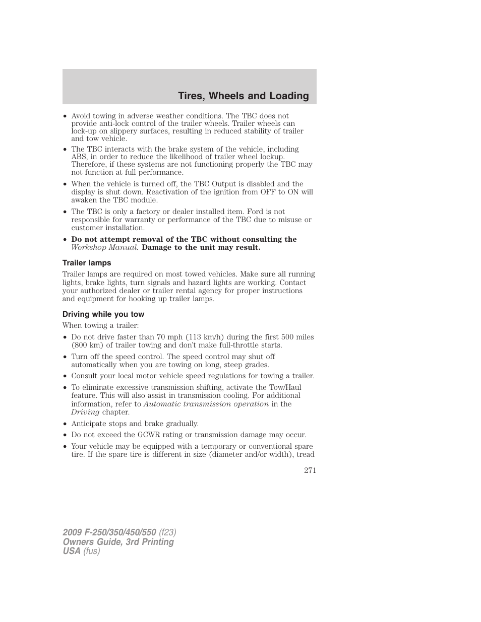 Trailer lamps, Driving while you tow, Tires, wheels and loading | FORD 2009 F-550 v.3 User Manual | Page 271 / 419